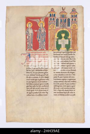 Foglia da un manoscritto Beatus: L'Angelo della Chiesa di Filadelfia con San Giovanni ca. 1180 i manoscritti di Beatus illustrati in spagnolo danno vita a una visione straordinaria della fine del mondo, come documentato da San Giovanni nell'Apocalisse (Libro dell'Apocalisse) e filtrato attraverso la lente di Beatus di Liébana, un monaco asturiano dell'VIII secolo. Questi manoscritti sono unici alla Spagna medievale e un testamento al pervasivo arte e ambiente intellettuale della cultura monastica lì. La foglia qui raffigurata proviene da un manoscritto disassemblato nel 1870s. Philadelphia era una delle sette Chiese Foto Stock