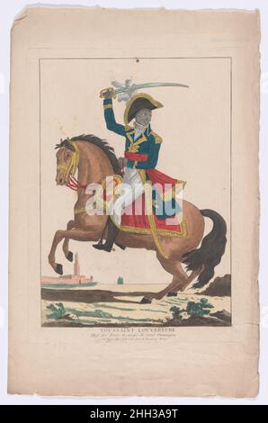 Toussaint Louverture su Horseback 1802 Anonimo, francese, 19th secolo Toussaint-Louverture emerse come leader durante le rivolte diffuse di schiavizzate persone a Saint-Domingue (ora Haiti) nel 1791 che portò alla fine l'abolizione della schiavitù nel 1793. Divenne il primo generale nero della Repubblica francese nel 1795 e salì al comandante in capo di Saint-Domingue nel 1797. Questa stampa colorata a mano di 1802 lo ritrae come una forza imponente, anche se il suo status di somiglianza è dubbio dato che l'artista probabilmente non ha mai visto il soggetto. A questa data, Napoléon Bonaparte era cresciuto Foto Stock