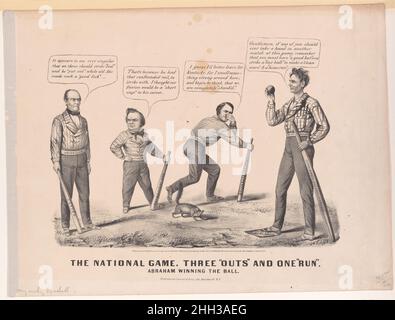 Il gioco nazionale. Tre 'outs' e una 'Run' - Abraham Winning the Ball 1860 probabilmente dopo Louis Maurer questa satira pro-Lincoln è stata pubblicata poco prima delle elezioni presidenziali del 1860 e lancia il concorso politico come una partita di baseball. Lincoln si trova sulla base di casa e ha sconfitto John Bell, Stephen A. Douglas e John C. Breckinridge, da sinistra a destra. Tenendo una rotaia di legno per un mat etichettato 'pari diritti e territorio libero, dice 'signori, se qualcuno di voi dovrebbe mai prendere una mano in un'altra partita a questo gioco, ricordare che si deve avere un mat buono e colpire una palla giusta per fare un c Foto Stock