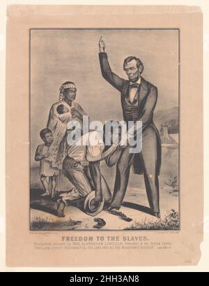 Libertà agli schiavi ca. 1865 Currier & Ives questa stampa commemorativa è stata pubblicata subito dopo l'assassinio del presidente Lincoln per confortare i suoi sostenitori. La rappresentazione semi-allegorita raffigurava l'ex presidente come l'emancipatore degli afroamericani schiavi, guidati dai principi divini. L'immagine è stata riprodotta in molte varianti da diversi editori. Libertà agli schiavi. CA. 1865. Litografia. Currier & Ives (americano, attivo a New York, 1857–1907). Abraham Lincoln (americano, contea di Hardin, Kentucky 1809–1865 Washington, D.C.). Stampa Foto Stock