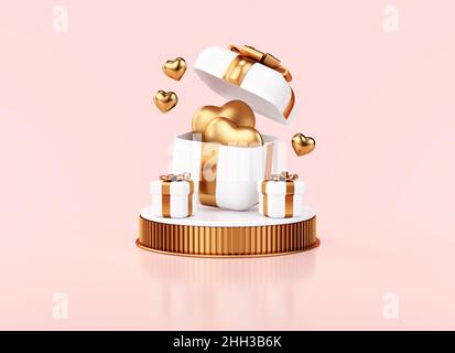 Scatola regalo aperta con cuori dorati all'interno su un podio e sfondo rosa per il design banner del giorno di San Valentino in rendering 3D. Amore e concetto romantico Foto Stock