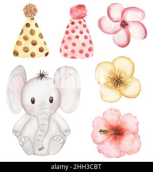 Cute Elephant Clipart, Set di illustrazioni per animali tropicali, Watercolor Forest Animal, Safari Baby Animal, Florals esotici, Baby shower, Creazione di carte, bambini Foto Stock