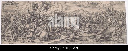 La battaglia di Costantino al Ponte Milviano, dopo Raffaello ca. 1569 Giovanni Battista Cavalieri Italiano la stampa riproduce con modifiche l'affresco della Battaglia di Costantino al Ponte Milviano, disegnato da Raffaello e dipinto dalla sua bottega nella Sala di Costantino in Vaticano tra il 1520 e il 1524. La paternità di Raffaello è riconosciuta nel cartouche in alto a sinistra. La battaglia di Costantino al Ponte Milviano, dopo Raffaello. Dopo Raffaello Sanzio o Santi (italiano Urbino 1483–1520 Roma) ca. 1569. Incisione su due fogli Uniti. Giovanni Battista Cava Foto Stock