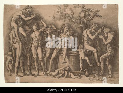 Bacchorale con vino IVA ca. 1470–90 Andrea Mantegna Italiano per tutta la sua vita, Mantegna fu affascinato dall'antichità classica. Alla metà del Cinquecento il biografo Giorgio Vasari fu il primo di molti a notare come l'opera di Mantegna in due dimensioni possedeva una qualità scultorea, Scrivendo che 'Andrea era sempre del parere che le buone statue antiche erano più perfette e avevano più bellezza nelle loro varie parti che è mostrato dalla natura.' Mantegna era a Roma dal 1488 al 1490 ed era immersa nello studio di edifici antichi e delle statue e sculture in rilievo che noi Foto Stock