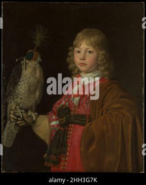 Ritratto di un ragazzo con un Falcon Wallerant Vaillant Fiammingo nativo di Lille, Vaillant addestrato ad Anversa e dalla metà del 1650s è stato ben stabilito come ritrattista ad Amsterdam. L'artista è anche noto come pioniere dell'incisione a mezzotinta. Nei ritratti olandesi e fiamminghi, i falchi solitamente si riferiscono alla caccia come uno sport aristocratico. Ritratto di un ragazzo con un Falcon. Wallerant Vaillant (Fiammingo, Lille 1623–1677 Amsterdam). Olio su tela. Dipinti Foto Stock