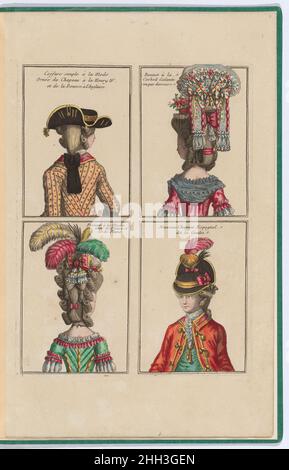 La Parure des Dames, piatto 7 ca. 1776 pubblicato da Mondhare et Jean Settimo piatto di un set di 12 lastre di coiffures uomo e donna, contenente quattro disegni per coiffures donna. Le acconciature sono presentate all'interno di quattro semplici cornici rettangolari, due delle quali contenenti un'illustrazione del corpo superiore di una donna, due di un uomo, tre delle quali mostrate da dietro e uno degli uomini mostrati dalla parte anteriore, indossando un abito alla moda del 1770s, e acconciature corrispondenti. Il primo uomo acconciatura consiste di un cappello nero nello stile di Enrico IV, con un orlo ondulato decorato con strisce di Foto Stock