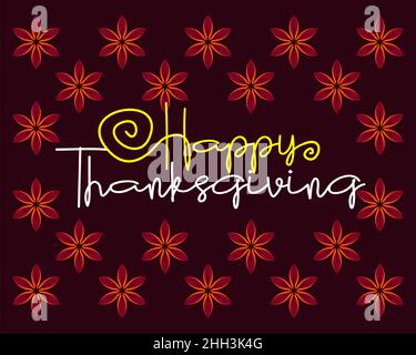 Happy Thanksgiving Day Vector Illustration. Testo giallo-bianco su sfondo rosso maroon. Elementi di design, pattern. Illustrazione Vettoriale