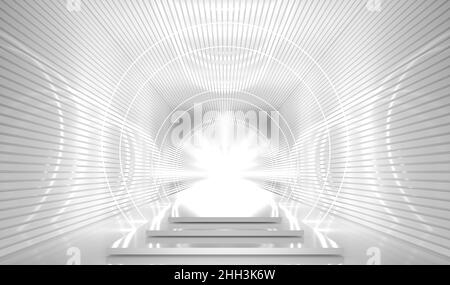 Tunnel bianco Podium astratto sfondo vuoto. Scenico futuristico Round Neon Light Reflection Room Stage. 3D rendering Foto Stock