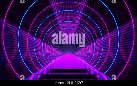 Neon Blue Purple Light Corridor Podium Stage background. Futuristica forma incandescente vuoto Dark Tunnel. 3D rendering Foto Stock