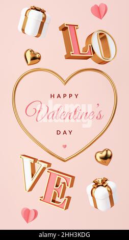 Messaggio di storia verticale sui social media del giorno di San Valentino con lettere fluttuanti, regali e cuori su sfondo rosa in rendering 3D. Amore e romantico concep Foto Stock