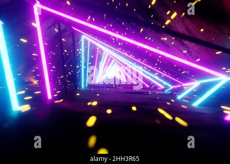 Volare attraverso un tunnel luminoso senza fine. Costruzione con esagoni incandescenti al neon. Loop ipertestuale. 3d illustrazione del rendering. Motivo di sfondo per il design. Foto Stock