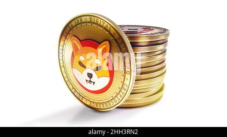 Shiba Inu con gruppo di monete isolate su sfondo bianco. Simbolo di criptovaluta digitale decentralizzato. 3D illustrazione. Foto Stock