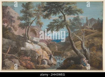 Paesaggio montuoso con Ermiti 1676–1730 Marco Ricci italiano. Paesaggio montuoso con Hermitee. Marco Ricci (Italiano, Belluno 1676–1730 Venezia (?)). 1676–1730. Gouache su pelle di capretto. Disegni Foto Stock