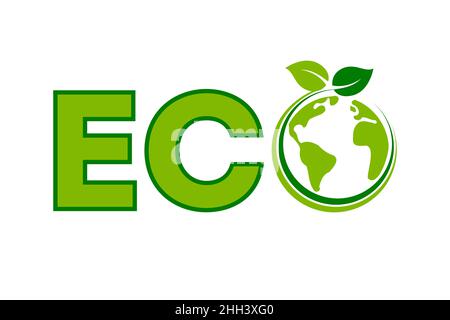 Logo del modello Word Eco. Caratteri verdi con pianeta terra. Concetto ecologico. Sostenibilità. Ecologia e conservazione della natura. Vettore. Illustrazione Vettoriale