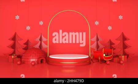Promozione di Natale e Capodanno sul display del podio, rendering 3D Foto Stock