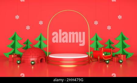 Promozione di Natale e Capodanno sul display del podio, rendering 3D Foto Stock