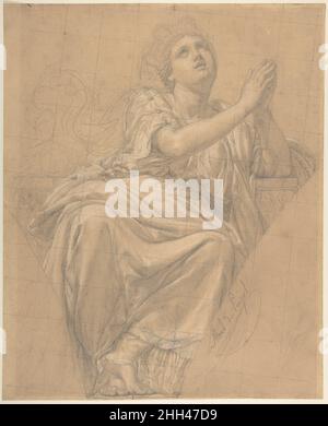 Figura allegorica della città di Piacenza, per un Pendentivo nella Cappella di Saint-Roch, Chiesa di Saint-Sulpice, Parigi (recto); Studi per la stessa figura (verso) 1821 Alexandre Denis Abel de Pujol francese la forma compositiva di questo disegno preparatorio riflette la destinazione del lavoro finito: Un pendentivo— La sezione triangolare di volta dove una cupola si collega ad archi di sostegno sottostante, in una cappella dedicata a San Rocco nella Chiesa di Saint-Sulpice a Parigi. Come allegoria di Piacenza, rappresenta una delle quattro città italiane salvate dalla peste dal santo in anticipo Foto Stock