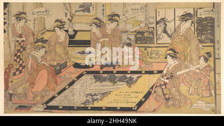 Un'immagine votiva da donare al Kannon di Asakusa (Asakusa Kannon Hō kakegaku no zu), di Takigawa del Ōgiya, Kamuro Menami e Onami, con Tomikawa, Kumegawa, Tamagawa, Tsugawa, Utagawa, e Kiyokawa ca. 1800 Kitagawa Kikumaro il giapponese Takigawa, il cortigiano di alto rango (oiran) del bordello di Ōgiya, non era solo una bellezza famosa, ma un pittore e calligrafo compiuto. Questa stampa raffigura Takigawa mentre prepara un quadro votivo (ema) come offerta di Capodanno per il Kannon del Tempio di Asakusa. Una foto votiva da donare al Kannon di Asakusa (Asakusa Kannon Hō kakegak Foto Stock