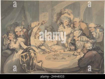 A Gaming Table at Devonshire House 1791 Thomas Rowlandson British Rowlandson ha sottolineato il controllo del gioco d’azzardo sugli aristocratici britannici alla fine del diciottesimo secolo centrando l’azione in questo disegno su due sorelle della famiglia Spencer, Georgiana, Duchessa del Devonshire e Henrietta (Harriet) Ponsonby, Viscountess Duncannon. Presiede un gioco notturno di pericolo. L'ambiente è probabilmente Devonshire House, Piccadilly, dove la duchessa spesso ha trasformato il salotto in un salone di gioco d'azzardo privato. Hazard, che coinvolge due dadi e un sistema di scommesse a gradini, è giocato per alto Foto Stock