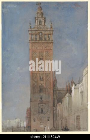 La Giralda, Siviglia 1833 David Roberts British, Scottish Roberts creò questa immagine di un punto di riferimento di Siviglia durante la visita della città nel 1833. Costruita come minareto dai Mori, la struttura divenne il campanile della cattedrale dopo che i cristiani riconquisero la città nel 1248, e il nome deriva dalla coronata weathervane, o giraldillo. Utilizzando acquerello su grafite, l'artista ha aggiunto tocchi di bianco per suggerire la luce del sole ballare fuori muratura. In questa vista da nord, l'artista rende la parte superiore e inferiore della facciata uguale in larghezza, la conseguente mancanza di recessione verticale ha permesso accuratamente rende Foto Stock