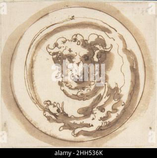 Dispositivo araldico: Un disegno circolare con una testa di RAM incorniciata da un drago che cita la propria coda. 1572–85 Anonimo, italiano, 17th secolo italiano. Dispositivo araldico: Un disegno circolare con una testa di RAM incorniciata da un drago che cita la propria coda. 367239 Foto Stock