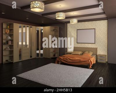 Camera da letto con parquet scuro, moquette bianca e pareti marroni. Armadio in legno chiaro con specchio, letto con copriletto arancione, parete decorativa e cornice su di esso. Lampadari e faretti. 3D rendering Foto Stock