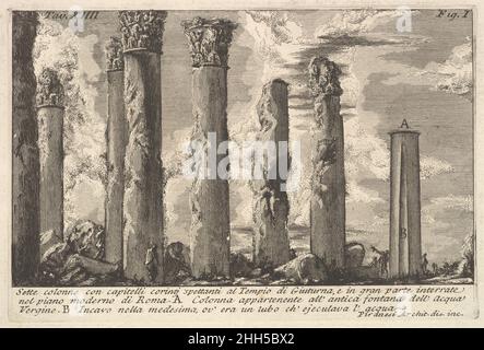 Sette colonne del Tempio di Juturna con capitelli corinzi. (Sette colonne con capitelli giunti spettanti al Tempio di Giuturna. .) 18th secolo Giovanni Battista Piranesi italiano. Sette colonne del Tempio di Juturna con capitelli corinzi. (Sette colonne con capitelli giunti spettanti al Tempio di Giuturna. .) 365382 Foto Stock