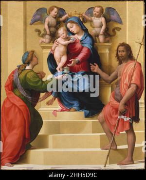 Madonna col Bambino introndati con i Santi Maria Maddalena e Giovanni Battista ca. 1523 Giuliano di Piero di Simone Bugiardini italiano Bugiardini quasi certamente dipinse questa pala d'altare per Bindo Altoviti, banchiere fiorentino che fu uno dei più grandi patroni del suo tempo. Altoviti lo commissionò per una cappella privata dedicata alla Magdalena che fondò nel comune di Cappiano nella valle dell'Arno nel 1523. Sorprendentemente, il dipinto è sopravvissuto nella sua cornice originale - le braccia dell'Altoviti sono sulla base dei lesene - probabilmente progettato dal talentuoso architetto e boschivo Baccio d'Agnolo e. Foto Stock