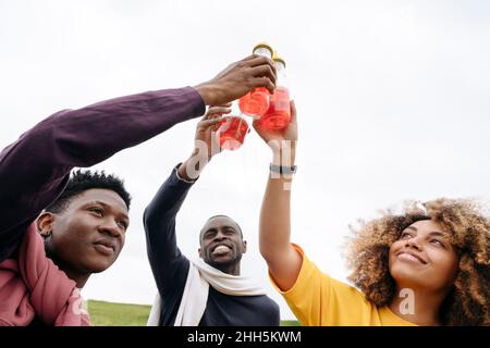 Amici sorridenti che tostano bottiglie di limonata di fronte al cielo limpido Foto Stock