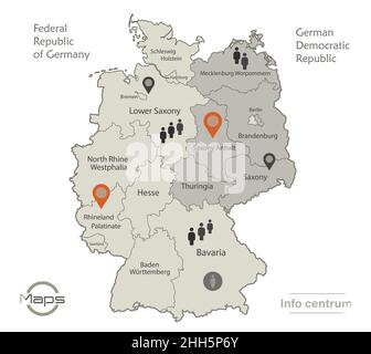 Mappa della Germania divisa su Germania occidentale e orientale con mappa delle regioni e dei nomi, infografica e icone vettoriali Illustrazione Vettoriale