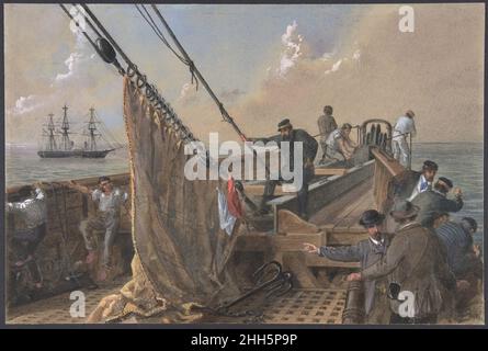 Forward Deck of the Great Eastern si è liberato per il primo tentativo di aggrappare per il cavo perduto, 11th agosto 1865 1865–66 Robert Charles Dudley British uno dei grandi successi tecnologici del 19th secolo è stato quello di posare un cavo telegrafico sotto l'Atlantico, Consentendo ai messaggi di accelerare avanti e indietro tra il Nord America e l'Europa in pochi minuti, piuttosto che dieci o dodici giorni con il sistema di cottura a vapore. Un tentativo inizialmente riuscito nel 1858, guidato da Cyrus W. Field e finanziato dalla Atlantic Telegraph Company, fallì dopo tre settimane. Due cavi di lavoro sono stati infine posati in luglio e settembre 1866, il r Foto Stock