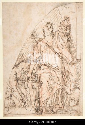 Judith Holding up the Head of Holofernes 1625–1713 Carlo Maratti Italian Like the study for Jael Slowed Sisera - Metropolitan Museum of Art inv. 36.101.2 - , questo foglio si riferisce ai mosaici di soggetti biblici che Maratti progettò per la Basilica di San Pietro nel 1670s. Il soggetto è un'altra eroina dell'Antico Testamento, Judith, che ha sconfessato il generale assiro Holofernes, nemico degli ebrei, seducendolo e tagliando la testa dopo che era caduto in uno stupido inebriato. Guardando al cielo, Judith qui brandisce la sua spada e tiene trionfalmente la testa della vittima. Foto Stock