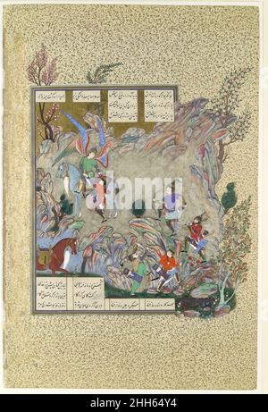 'L'Angelo Surush Rescues Khusrau Parviz da un cUL-de-sac', Folio 708v dal Shahnama (Libro dei Re) di Shah Tahmasp ca. 1530–35 Abu'l Qasim Firdausi perseguito dal potenziale usurpatore Bahram Chubina, Shah Khusrau Parviz fuggì su una stretta gola. Raggiungendo un impasse, Khusrau pregò Dio per aiuto, e immediatamente l'angelo Surush apparve e lo sussurrò in sicurezza. Il dipinto è attribuito a Muzaffar 'Ali, un artista leader della generazione più giovane e grande nipote del famoso pittore Bihzad. In linea con le altre sue composizioni, gli elementi sembrano volare a parte, con rocce che si aggettano dentro Foto Stock