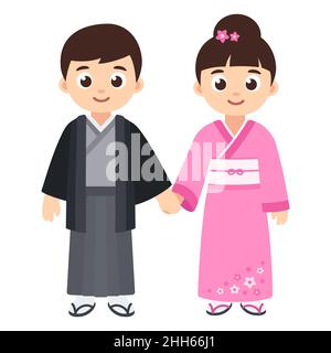 Carino ragazzo e ragazza in costume nazionale del Giappone. Bambini cartoni animati in kimono tradizionale giapponese tenendo le mani. Illustrazione grafica della clip vettoriale. Illustrazione Vettoriale