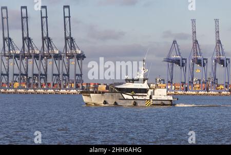 La nave offshore di supporto energetico Seacat è fuorviante entrando a Harwich Haven con il Port Felixstowe sullo sfondo. Foto Stock