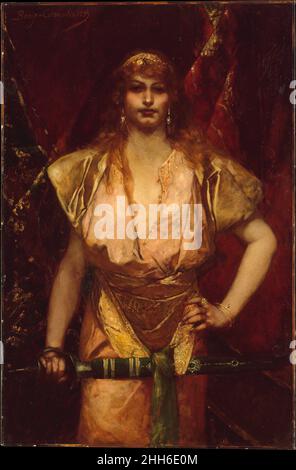 Judith forse ca. 1886 Benjamin-Constant (Jean-Joseph-Benjamin Constant) Giuditta francese, l'eroina dell'Antico Testamento che salvò la sua città assediata decapitando il generale Holofernes, appare come una bellezza vendicante, con orgoglio portando la sua spada. Dipinta in tonalità rosso e oro, questa figura esotica testimonia la stima di Benjamin-Constant per la tavolozza e la materia del grande artista Delacroix di inizio Ottocento. Seguendo le orme del vecchio artista, Benjamin-Constant viaggiò in Spagna e in Marocco all'inizio del 1870s, un viaggio che diede ispirazione, e props, per molti suoi Foto Stock