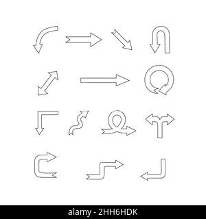 Semplici frecce con contorno nero disegnate a mano in varie direzioni. Raccolta di elementi del cursore vettoriale piatto isolati su sfondo bianco per l'infografia Illustrazione Vettoriale