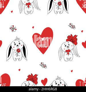 Modello romantico senza cuciture. Coppia di conigli amori carini e cuore grande con testo vi amo su sfondo bianco con farfalle. Illustrazione vettoriale Illustrazione Vettoriale