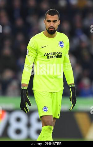 LEICESTER, REGNO UNITO. GENNAIO 23rd Robert Sanchez di Brighton e Hove Albion durante la partita della Premier League tra Leicester City e Brighton e Hove Albion al King Power Stadium di Leicester domenica 23rd gennaio 2022. (Credit: Jon Hobley | MI News) Credit: MI News & Sport /Alamy Live News Foto Stock