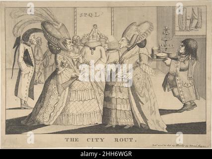 The City Rout 20 maggio 1776 come Richard St. George Mansergh St. George British due donne elaborate e grossolane si affrontano l'un l'altro in un 'rout' o incontro sociale per i commercianti e le loro mogli della City of London. I membri di questa classe erano cresciuti di recente ricchi attraverso il commercio e potevano permettersi di far passare l'aristocrazia. L'immagine suggerisce che gli ornamenti scelti da questi amanti del partito sono inadatti alle loro forme voluminose e ai loro modi senza crude. Oltre ai camici riccamente abbelliti e agli elaborati capelli alti, una donna indossa lunghe piume struzzo – costosi simboli di stato fatti Foto Stock
