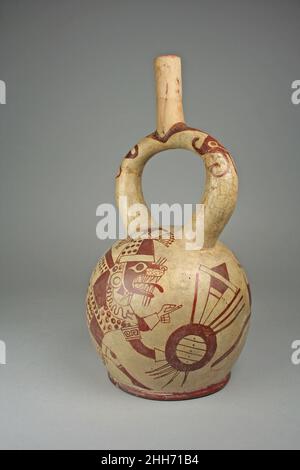 Bottiglietta con beccuccio a staffa con volpe guerriero figura 4th–6th Century Moche. Flacone con beccuccio a staffa con volpe guerriero figura 308385 Foto Stock