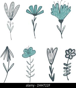 Set da fiori su ramoscelli con fogliame su sfondo bianco. Astratto schizzo botanico di colore blu disegno a mano in stile Doodle illustrazione vettoriale. Illustrazione Vettoriale