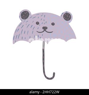 Gli ombrelli sembrano orsi su sfondo bianco. Ombrello astratto di colore viola in illustrazione vettoriale doodle. Illustrazione Vettoriale