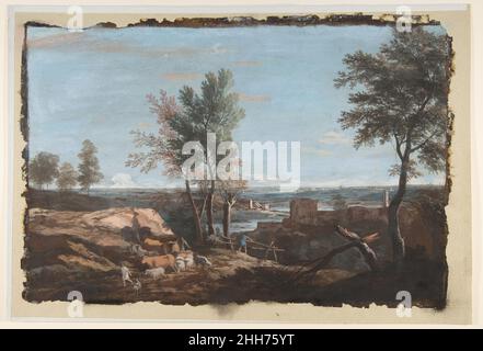 Vasto paesaggio pastorale 1676–1730 Marco Ricci italiano. Ampio paesaggio pastorale. Marco Ricci (Italiano, Belluno 1676–1730 Venezia (?)). 1676–1730. Gouache su pelle di capretto. Disegni Foto Stock
