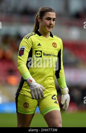 LEIGH, REGNO UNITO. JAN 23rd Mary Earps of Manchester United Women durante la partita della Barclays fa Women's Super League tra Manchester United e Tottenham Hotspur al Leigh Sports Stadium, Leigh, domenica 23rd gennaio 2022. (Credit: Eddie Garvey | MI News) Credit: MI News & Sport /Alamy Live News Foto Stock