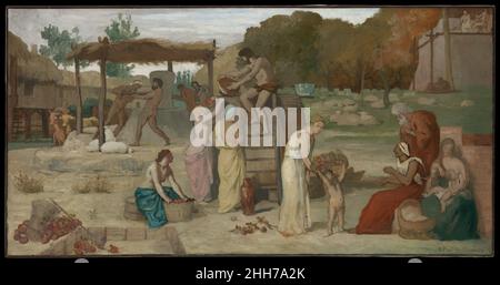 Sidro ca. 1864 Pierre Puvis de Chavannes gli uomini francesi macinano il grano mentre i cittadini di tutte le età preparano il sidro, una delle bevande tradizionali della provincia francese settentrionale della Piccardia. Questo dipinto e il fiume (in vista nelle vicinanze) sono studi per i lati sinistro e destro del murale Ave Picardia Nutrix di Puvis (Ave Picardia Nutrix). Realizzati per il Musée de Picardie di Amiens, costruito di recente nel 1864, i dipinti celebrano le abbondanti risorse naturali della regione e il suo passato idealizzato e lontano. Le decorazioni di Puvis per il museo hanno lanciato la sua carriera come pittore preminente di murales per stat Foto Stock