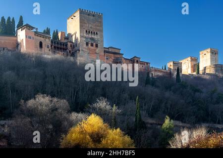 GRANADA ANDALUCIA SPAGNA PALAZZO DELL'ALHAMBRA VISTO IN AUTUNNO DALLA CARRERA DEL DARRO Foto Stock