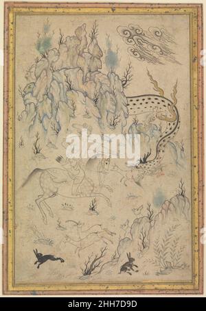 Hero e Drago terzo quarto di 16th secolo in un paesaggio roccioso un cacciatore a cavallo immerge la sua spada attraverso il collo di un drago che ha affondato le sue fangs in un cervi piccolo. Un paio di cervi e due conigli spargono in primo piano. Con le sue rocce azzurre e le ali del drago d'oro, questo è un disegno finito, nonostante il suggerimento narrativo della sua materia. Vari eroi della 'Dhahnama', l'epica nazionale persiana, combattono i draghi, ma questa immagine evoca piuttosto che illustra questi atti di manly. Hero e Drago 447805 Foto Stock