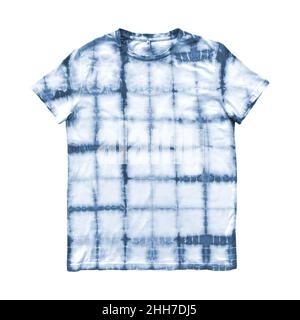 T-shirt tie dye shibori modello isolato su sfondo bianco. Elementi di tiedye dipinte a mano blu scuro su sfondo bianco. Hippy astratto Foto Stock