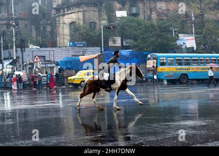 Kolkata, Bengala Occidentale, India. 23rd Jan 2022. Un uomo corre un cavallo su una strada bagnata dopo pesanti piogge a Kolkata, India, 23 gennaio, 2022. (Credit Image: © Infranil Aditya/ZUMA Press Wire) Foto Stock